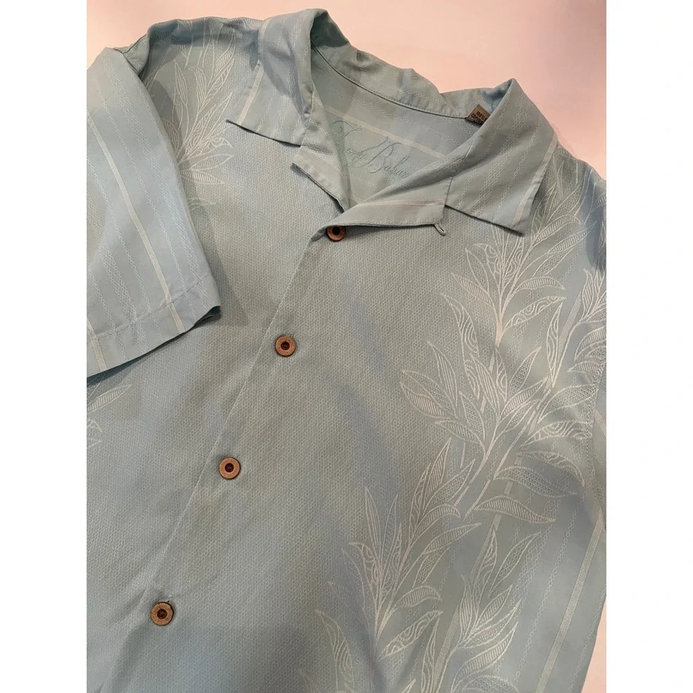 Tommy Bahama 100% Silk Men's Short Sleeve Button Up Blue Green Shirt Size Medium